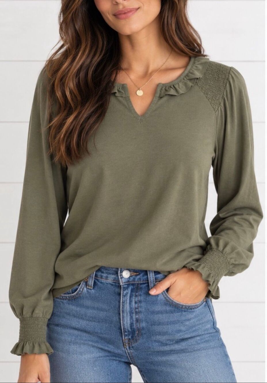 Talbots NWT green cotton ruffle neck blouse medium petite